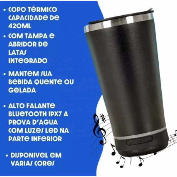Copo Térmico de Aço 473ML com Mini Caixa de Som Bluetooth e LED - Imagem 8