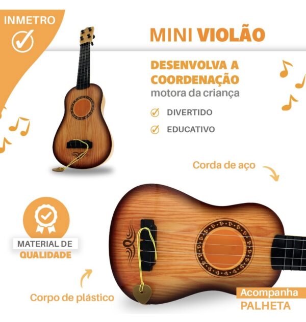 violhao  Brinquedo Ukulele Cordas Aço C/ Palheta Cor Marrom - Imagem 4
