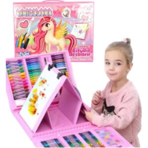 Maleta De Pintura Infantil Estojo Escolar Gigante 208 Peças Unicórnio Rosa