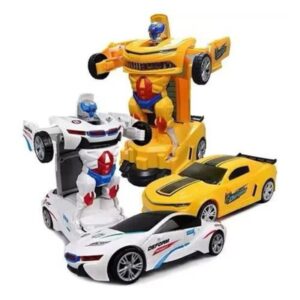 Carro Vira Robô Emite Som Luz Carrinho BMW Brinquedo Menino Camaro Amarelo Branco